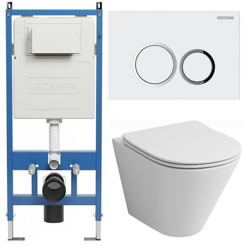 Изображение товара Подвесной безободковый унитаз Grossman Galaxy 97.4477S.01.000 с инсталляцией и сиденьем с микролифт
