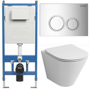 Изображение товара Комплект Grossman Galaxy 97.4477S.01.100, инсталляция 900.K31.01.000 с безободковым унитазом GR-4477S белый, сиденье микролифт, клавиша смыва хром глянцевый 700.K31.01.100.100