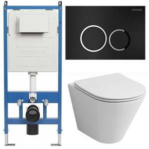 Изображение товара Комплект Grossman Galaxy 97.4477S.01.210, инсталляция 900.K31.01.000 с безободковым унитазом GR-4477S белый, сиденье микролифт, клавиша смыва черный матовый 700.K31.01.210.210
