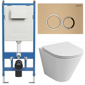 Изображение товара Комплект Grossman Galaxy 97.4477S.01.310, инсталляция 900.K31.01.000 с безободковым унитазом GR-4477S белый, сиденье микролифт, клавиша смыва золото матовое 700.K31.01.310.310