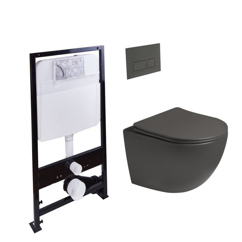 Изображение товара Инсталляция SantiLine SL-5005T-DG+SL-01/DG, безободковый унитаз и клавиша темно-серые матовые, смыв торнадо, сиденье микролифт