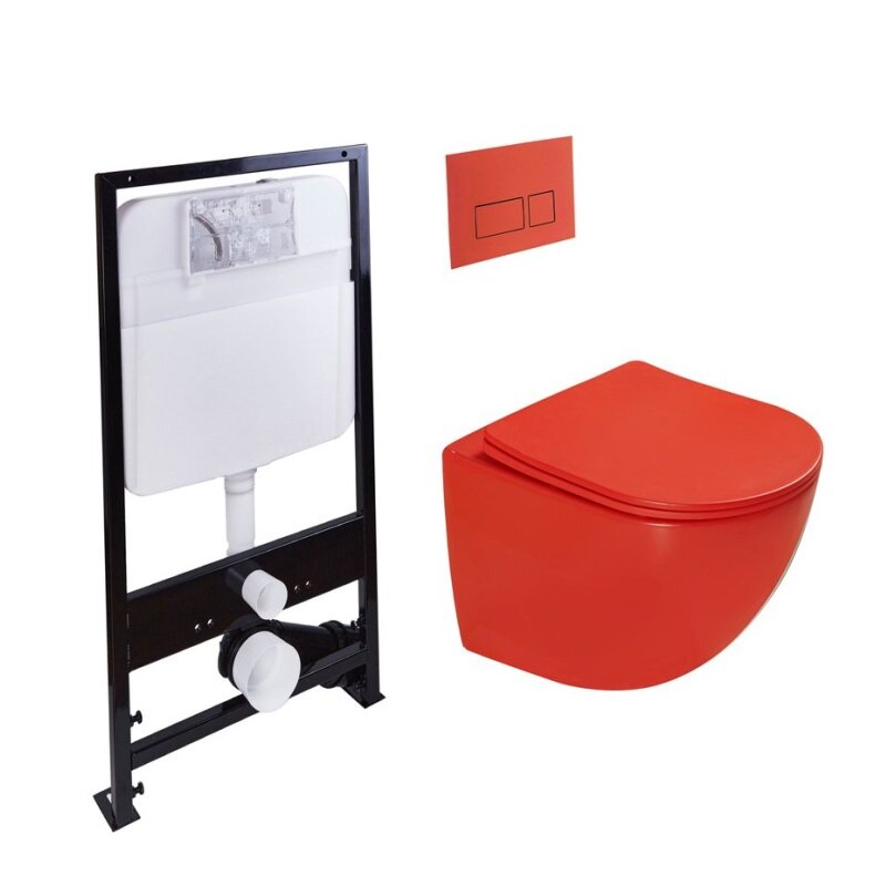 Изображение товара Инсталляция SantiLine SL-5005T-MR+SL-01/MR, безободковый унитаз и клавиша красные матовые, смыв торнадо, сиденье микролифт
