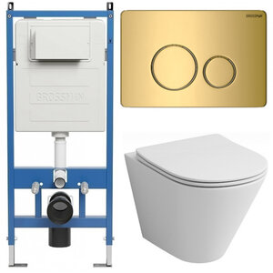 Изображение товара Комплект Grossman Style 97.4477S.05.30M, инсталляция 900.K31.01.000 с безободковым унитазом GR-4477S белый, сиденье микролифт, клавиша смыва золото глянцевое 700.K31.05.30M.30M