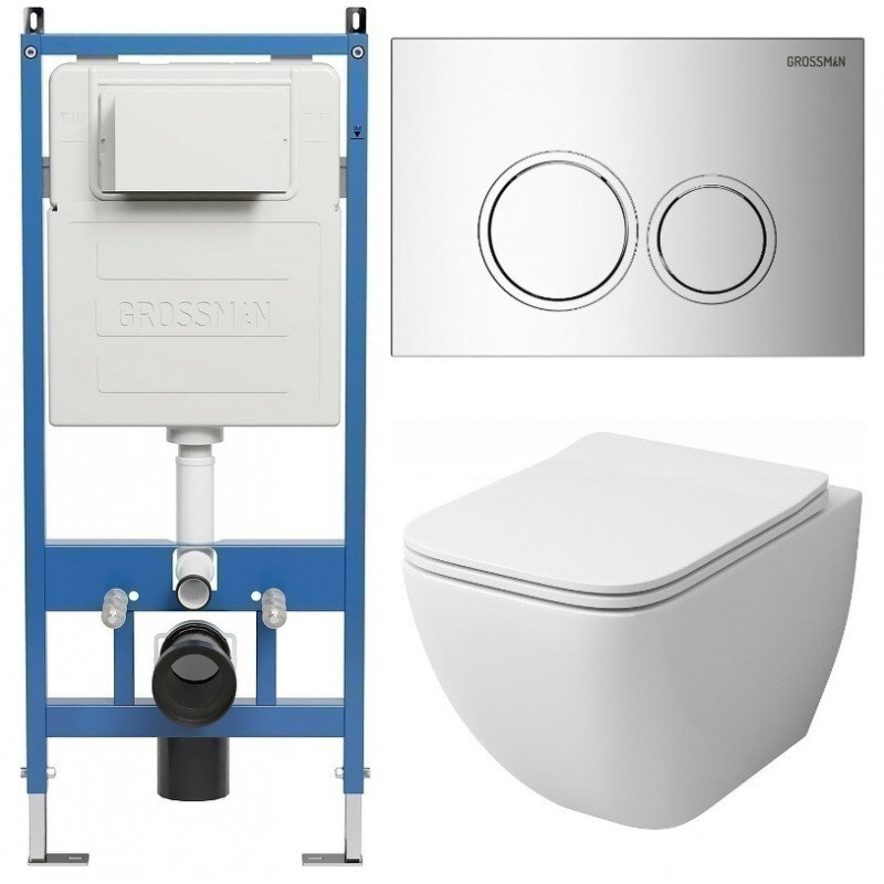 Изображение товара Комплект Grossman Galaxy 97.4447S.01.100, инсталляция 900.K31.01.000 с безободковым унитазом GR-4447S белый, сиденье микролифт, клавиша смыва хром глянцевый 700.K31.01.100.100