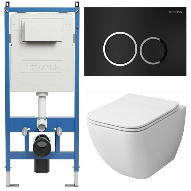 Изображение товара Комплект Grossman Galaxy 97.4447S.01.210, инсталляция 900.K31.01.000 с безободковым унитазом GR-4447S белый, сиденье микролифт, клавиша смыва черный матовый 700.K31.01.210.210