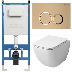 Изображение товара Комплект Grossman Galaxy 97.4447S.01.310, инсталляция 900.K31.01.000 с безободковым унитазом GR-4447S белый, сиденье микролифт, клавиша смыва  золото матовое 700.K31.01.310.310