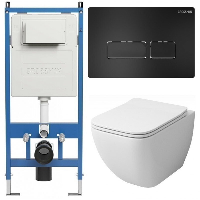 Изображение товара Комплект безободковый подвесной унитаз Grossman Pragma с инсталляцией, черный клавиша