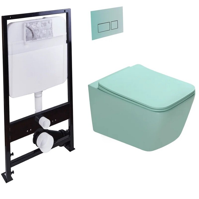 Изображение товара Инсталляция SantiLine SL-5007T-LG+SL-01/LG безободковый унитаз и клавиша светло-зеленые матовые