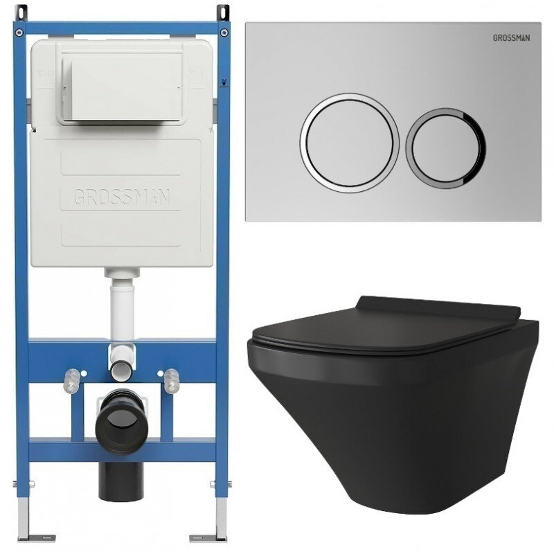 Изображение товара Комплект унитаз с инсталляцией Grossman Galaxy 97.4440BMS безободковый черный матовый