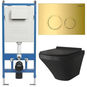 Изображение товара Комплект Grossman Galaxy 97.4440BMS.01.300, инсталляция 900.K31.01.000 с безободковым унитазом GR-4440BMS черный матовый, сиденье микролифт, клавиша смыва золото глянцевое 700.K31.01.300.300