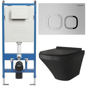 Изображение товара Комплект Grossman Cosmo 97.4440BMS.02.110, инсталляция 900.K31.01.000 с безободковым унитазом GR-4440BMS черный матовый, сиденье микролифт, клавиша смыва хром матовый 700.K31.02.110.110