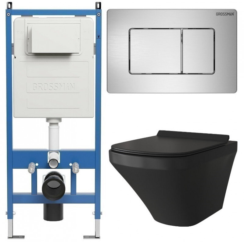 Изображение товара Горячий комплект безободковый унитаз Grossman Classic с инсталляцией черный матовый