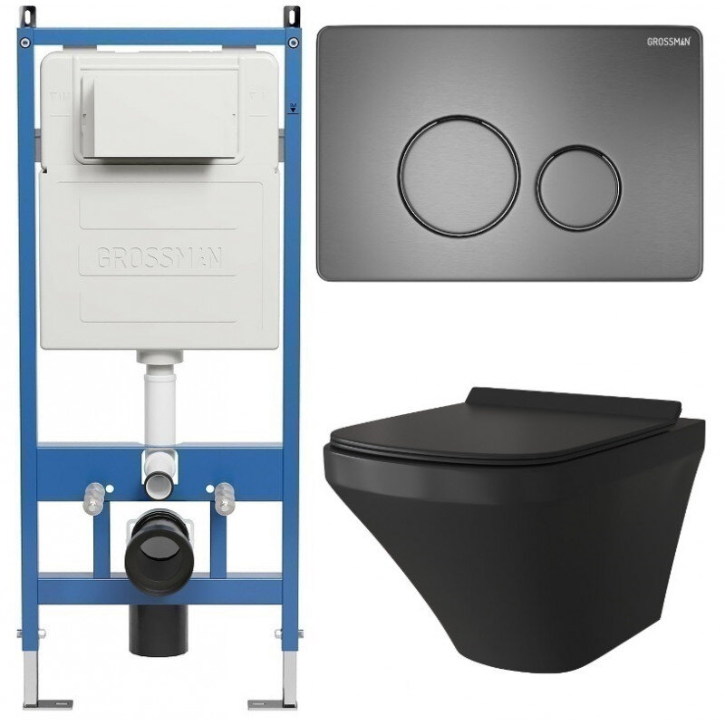 Изображение товара Комплект Grossman Style 97.4440BMS.05.42M, инсталляция 900.K31.01.000 с безободковым унитазом GR-4440BMS черный матовый, сиденье микролифт, клавиша смыва графит сатин 700.K31.05.42M.42M