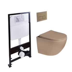 Изображение товара Инсталляция SantiLine SL-5102+ SL-01/KH, безободковый унитаз и клавиша светло-коричневые матовые, сиденье микролифт