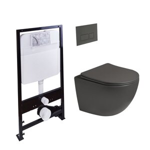 Изображение товара Инсталляция SantiLine SL-5109 +SL-01/DG, безободковый унитаз и клавиша темно-серый матовые, сиденье микролифт