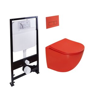 Изображение товара Инсталляция SantiLine SL-5005MR+SL-01/MR, безободковый унитаз и клавиша красные матовые, сиденье микролифт