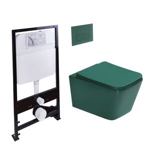 Изображение товара Инсталляция SantiLine SL-5007G+SL-01/G, безободковый унитаз и клавиша зеленые матовые, сиденье микролифт