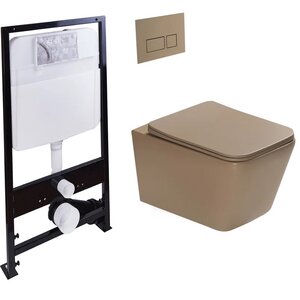 Изображение товара Инсталляция SantiLine SL-5007KH+SL-01/KH, безободковый унитаз и клавиша светло-коричневые матовые, сиденье микролифт