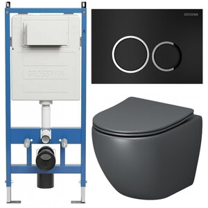 Изображение товара Комплект Grossman Galaxy 97.4455GMS.01.210, инсталляция 900.K31.01.000 с безободковым унитазом GR-4455GMS серый матовый, сиденье микролифт, клавиша смыва черная матовая 700.K31.01.210.210