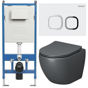 Изображение товара Комплект Grossman Cosmo 97.4455GMS.02.000, инсталляция 900.K31.01.000 с безободковым унитазом GR-4455GMS серый матовый, сиденье микролифт, клавиша смыва белая глянцевая 700.K31.02.000.000