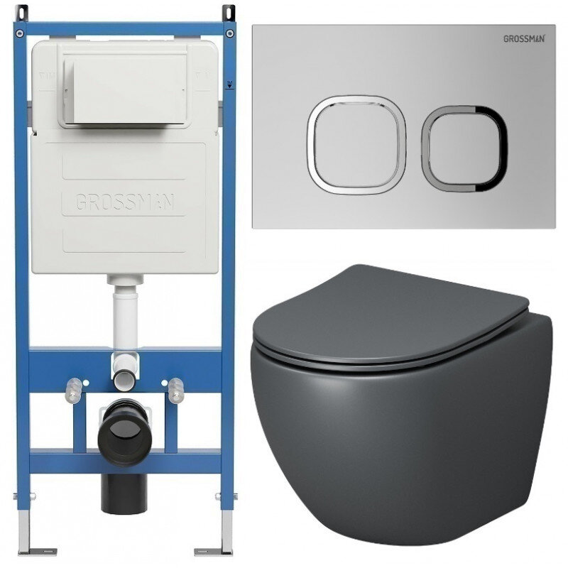 Изображение товара Подвесной унитаз Grossman Cosmo 97.4455GMS с инсталляцией безободковый серый матовый