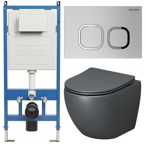 Изображение товара Комплект Grossman Cosmo 97.4455GMS.02.110, инсталляция 900.K31.01.000 с безободковым унитазом GR-4455GMS серый матовый, сиденье микролифт, клавиша смыва хром матовый 700.K31.02.110.110