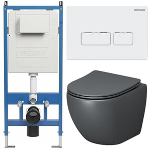 Изображение товара Комплект Grossman Pragma 97.4455GMS.03.000, инсталляция 900.K31.01.000 с безободковым унитазом GR-4455GMS серый матовый, сиденье микролифт, клавиша смыва белая глянцевая 700.K31.03.000.000