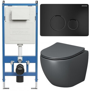 Изображение товара Комплект Grossman Style 97.4455GMS.05.21M, инсталляция 900.K31.01.000 с безободковым унитазом GR-4455GMS серый матовый, сиденье микролифт, клавиша смыва черная матовая 700.K31.05.21M.21M