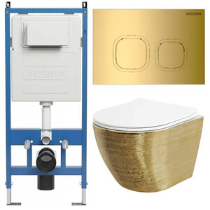 Изображение товара Комплект Grossman Cosmo 97.4455GWS.02.300, инсталляция 900.K31.01.000 с безободковым унитазом GR-4455GWS золото, сиденье микролифт, клавиша смыва золото глянцевое 700.K31.02.300.300