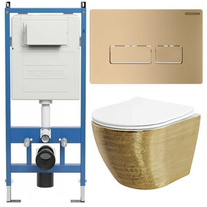 Изображение товара Комплект Grossman Pragma 97.4455GWS.03.310, инсталляция 900.K31.01.000 с безободковым унитазом GR-4455GWS золото, сиденье микролифт, клавиша смыва золото матовое 700.K31.03.310.310