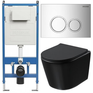 Изображение товара Комплект Grossman Galaxy 97.4477BMSQ.01.100, инсталляция 900.K31.01.000 с безободковым унитазом GR-4477BMSQ черный матовый, смыв торнадо, сиденье микролифт, клавиша смыва хром глянцевый 700.K31.01.100.100