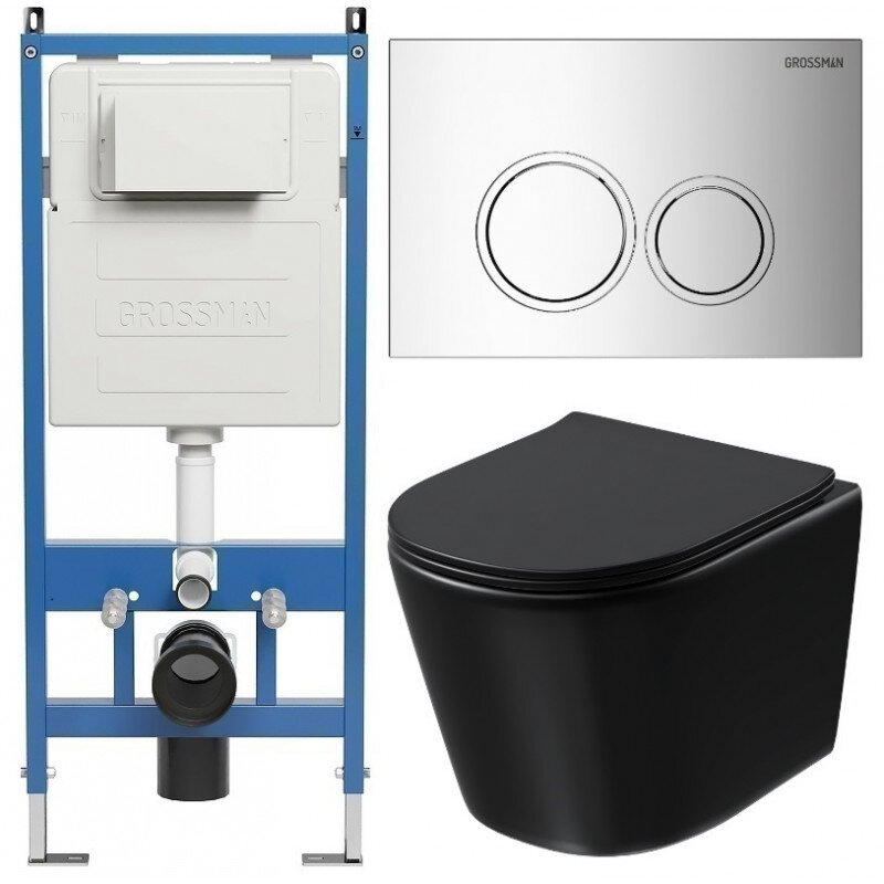 Изображение товара Комплект Grossman Galaxy 97.4477BMSQ.01.100, инсталляция 900.K31.01.000 с безободковым унитазом GR-4477BMSQ черный матовый, смыв торнадо, сиденье микролифт, клавиша смыва хром глянцевый 700.K31.01.100.100