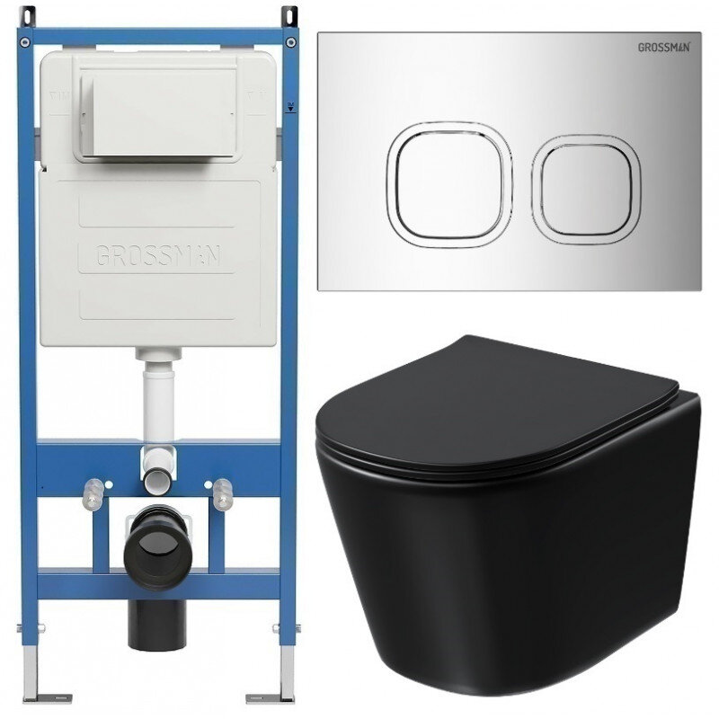 Изображение товара Комплект Grossman Cosmo 97.4477BMSQ с безободковым унитазом и инсталляцией, черный матовый
