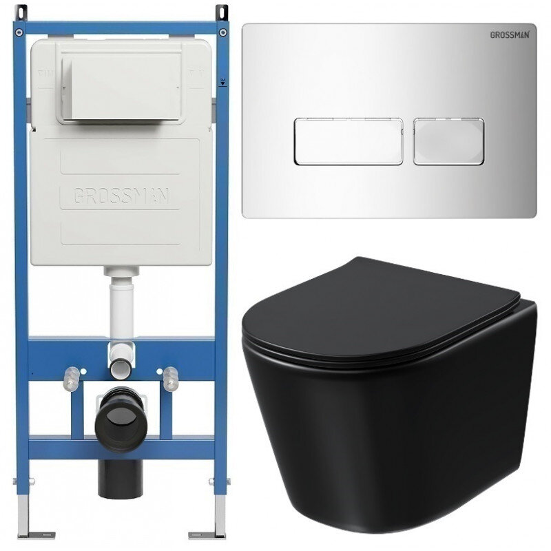 Изображение товара Комплект для туалета Grossman Pragma 97.4477BMSQ, безободковый, подвесной, черный матовый