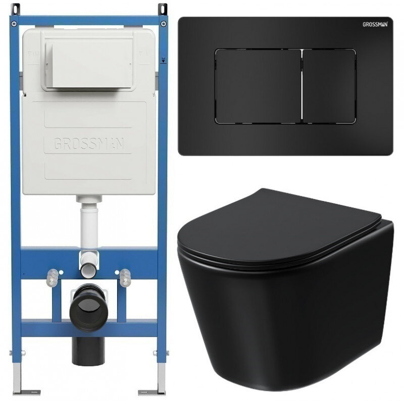 Изображение товара Комплект Grossman Classic 97.4477BMSQ с инсталляцией и безободковым унитазом черный матовый