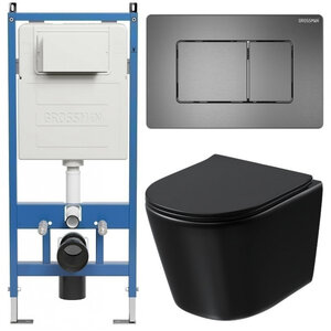 Изображение товара Комплект Grossman Classic 97.4477BMSQ.04.42M, инсталляция 900.K31.01.000 с безободковым унитазом GR-4477BMSQ черный матовый, смыв торнадо, сиденье микролифт, клавиша смыва графит сатин 700.K31.04.42M.42M