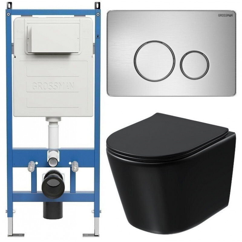 Изображение товара Безободковый подвесной унитаз Grossman Style с инсталляцией и системой торнадо черный матовый