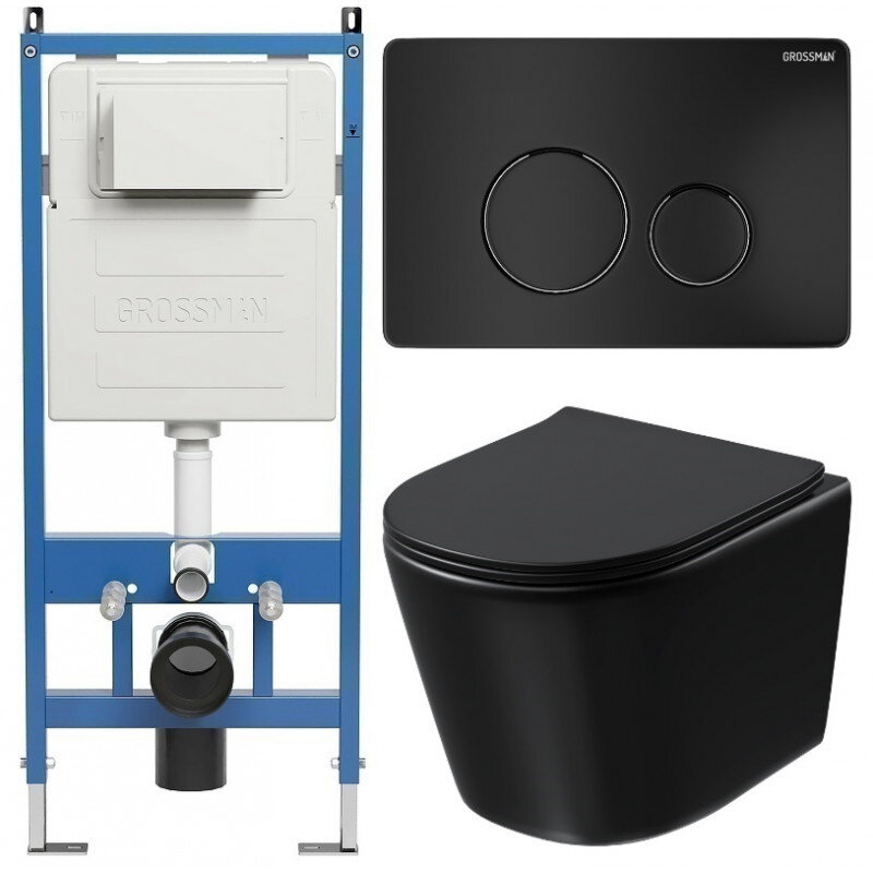 Изображение товара Комплект унитаз Grossman Style 97.4477BMSQ безободковый с инсталляцией черный матовый