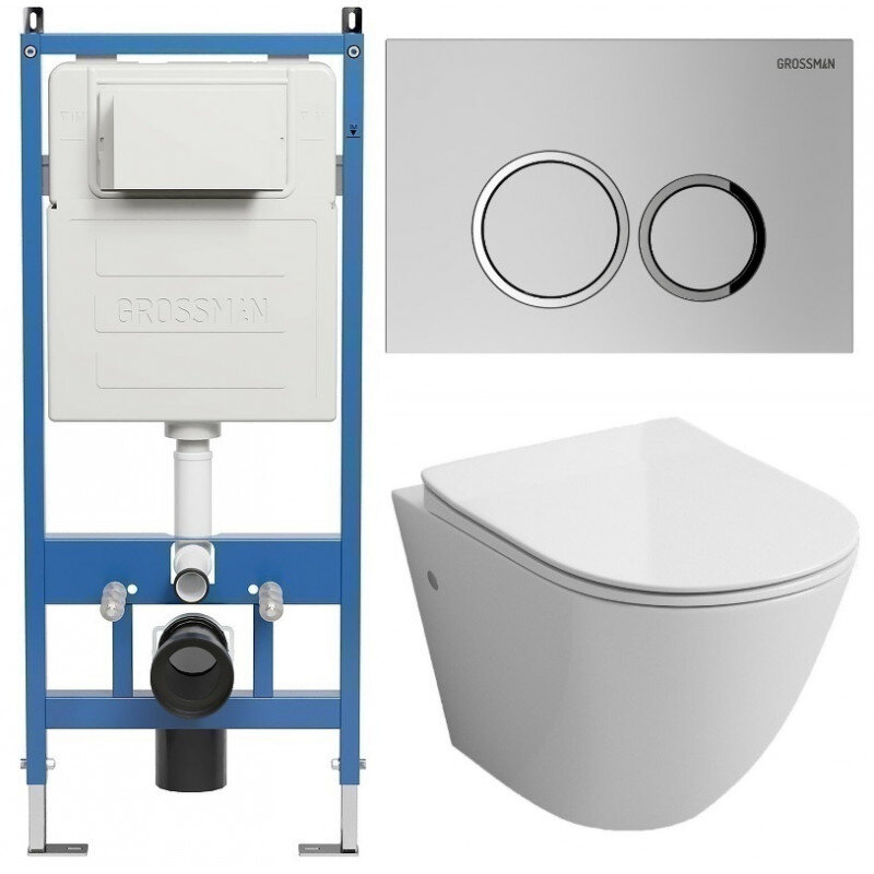Изображение товара Комплект Grossman Galaxy 97.4411SQ.01.110, инсталляция 900.K31.01.000 с безободковым унитазом GR-4411SQ белый, смыв торнадо, сиденье микролифт, клавиша смыва хром матовый 700.K31.01.110.110