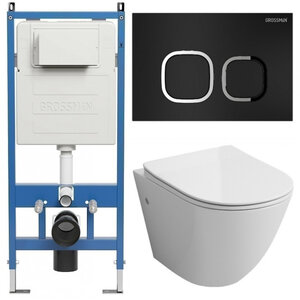 Изображение товара Комплект Grossman Cosmo 97.4411SQ.02.210, инсталляция 900.K31.01.000 с безободковым унитазом GR-4411SQ белый, смыв торнадо, сиденье микролифт, клавиша смыва черная матовая 700.K31.02.210.210