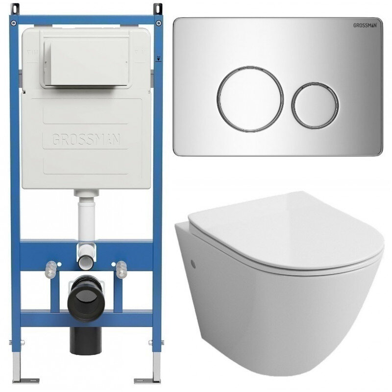 Изображение товара Комплект подвесной унитаз с инсталляцией Grossman Style 97.4411SQ.05.10M, безободковый, белый