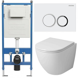 Изображение товара Комплект Grossman Galaxy 97.4455SQ.01.000, инсталляция 900.K31.01.000 с безободковым унитазом GR-4455SQ белый, смыв торнадо, сиденье микролифт, клавиша смыва белая глянцевая 700.K31.01.000.000