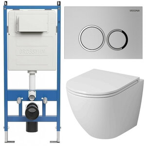 Изображение товара Комплект Grossman Galaxy 97.4455SQ.01.110, инсталляция 900.K31.01.000 с безободковым унитазом GR-4455SQ белый, смыв торнадо, сиденье микролифт, клавиша смыва хром матовый 700.K31.01.110.110