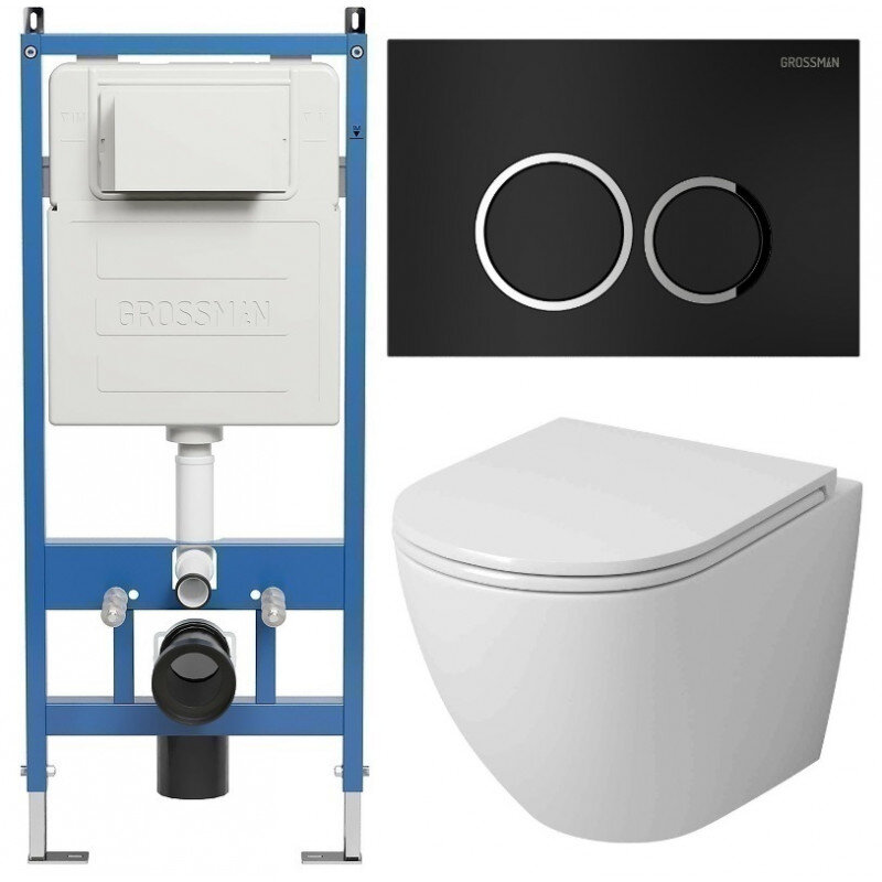 Изображение товара Подвесной безободковый унитаз Grossman Galaxy 97.4455SQ с инсталляцией и сиденьем микролифт