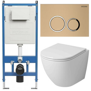 Изображение товара Комплект Grossman Galaxy 97.4455SQ.01.310, инсталляция 900.K31.01.000 с безободковым унитазом GR-4455SQ белый, смыв торнадо, сиденье микролифт, клавиша смыва золото матовое 700.K31.01.310.310