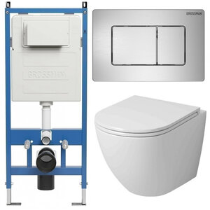 Изображение товара Комплект Grossman Classic 97.4455SQ.04.12M, инсталляция 900.K31.01.000 с безободковым унитазом GR-4455SQ белый, смыв торнадо, сиденье микролифт, клавиша смыва хром сатин 700.K31.04.12M.12M