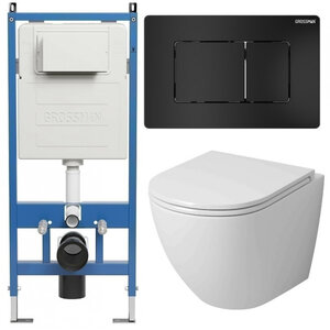 Изображение товара Комплект Grossman Classic 97.4455SQ.04.21M, инсталляция 900.K31.01.000 с безободковым унитазом GR-4455SQ белый, смыв торнадо, сиденье микролифт, клавиша смыва черная матовая 700.K31.04.21M.21M
