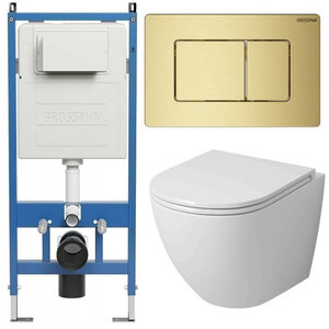 Изображение товара Комплект Grossman Classic 97.4455SQ.04.32M, инсталляция 900.K31.01.000 с безободковым унитазом GR-4455SQ белый, смыв торнадо, сиденье микролифт, клавиша смыва золото сатин 700.K31.04.32M.32M
