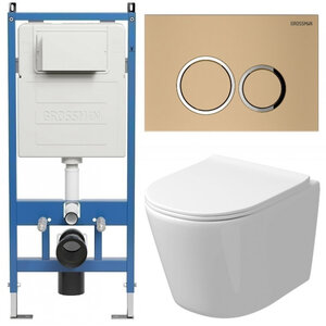 Изображение товара Комплект Grossman Galaxy 97.4477SQ.01.310, инсталляция 900.K31.01.000 с безободковым унитазом GR-4477SQ белый, смыв торнадо, сиденье микролифт, клавиша смыва золото матовое 700.K31.01.310.310