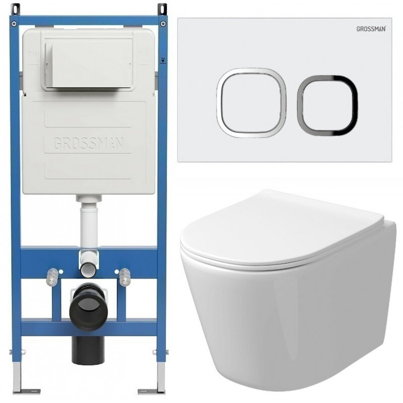 Изображение товара Комплект Grossman Cosmo 97.4477SQ.02.000, инсталляция 900.K31.01.000 с безободковым унитазом GR-4477SQ белый, смыв торнадо, сиденье микролифт, клавиша смыва белая глянцевая 700.K31.02.000.000